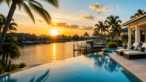Sunset over a tropical canal resort with palm trees, boats, and a poolside lounge area.